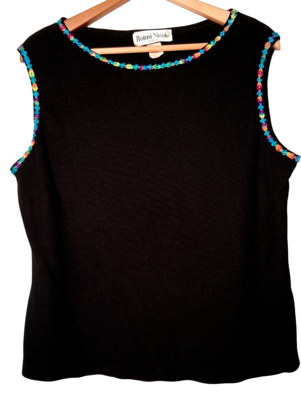 Vintage Ronni Nicole by Ouida Shirt Size 16 Black Rainbow Trim Tank Top USA Made
